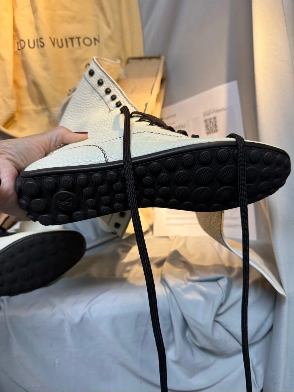 Louis Vuitton Cream Leather Fur-Trim Lace-Up Boots